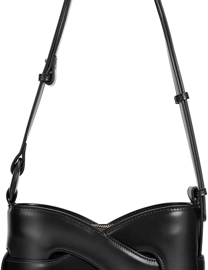 Borsa a tracolla nera in pelle con design moderno e fibbia decorativa. Accessorio elegante per donna, ideale per moda e stile urbano.