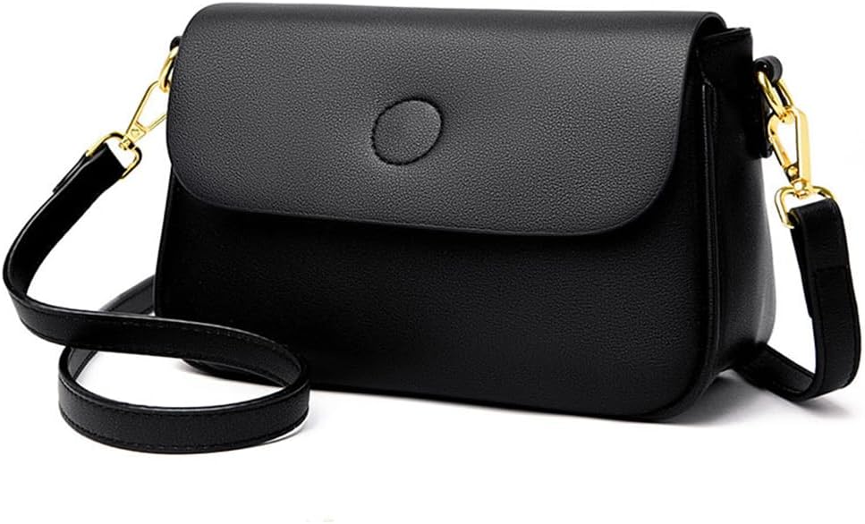 Borsa a tracolla nera in pelle sintetica, design elegante con chiusura magnetica, tracolla regolabile e dettagli in metallo dorato.