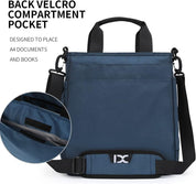 Borsa a tracolla blu con tasca posteriore in velcro, ideale per documenti A4 e libri. Design elegante e funzionale, perfetta per lavoro e studio.