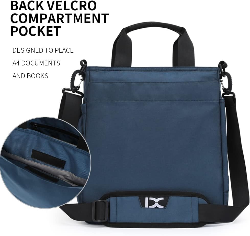 Borsa a tracolla blu con tasca posteriore in velcro, ideale per documenti A4 e libri. Design elegante e funzionale, perfetta per lavoro e studio.