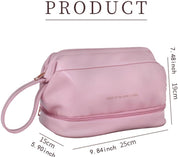 Borsa da toilette rosa in pelle sintetica con cerniera, manico laterale, dimensioni 25x15x19 cm, ideale per viaggi e organizzazione cosmetici.