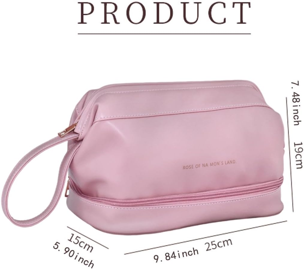 Borsa da toilette rosa in pelle sintetica con cerniera, manico laterale, dimensioni 25x15x19 cm, ideale per viaggi e organizzazione cosmetici.