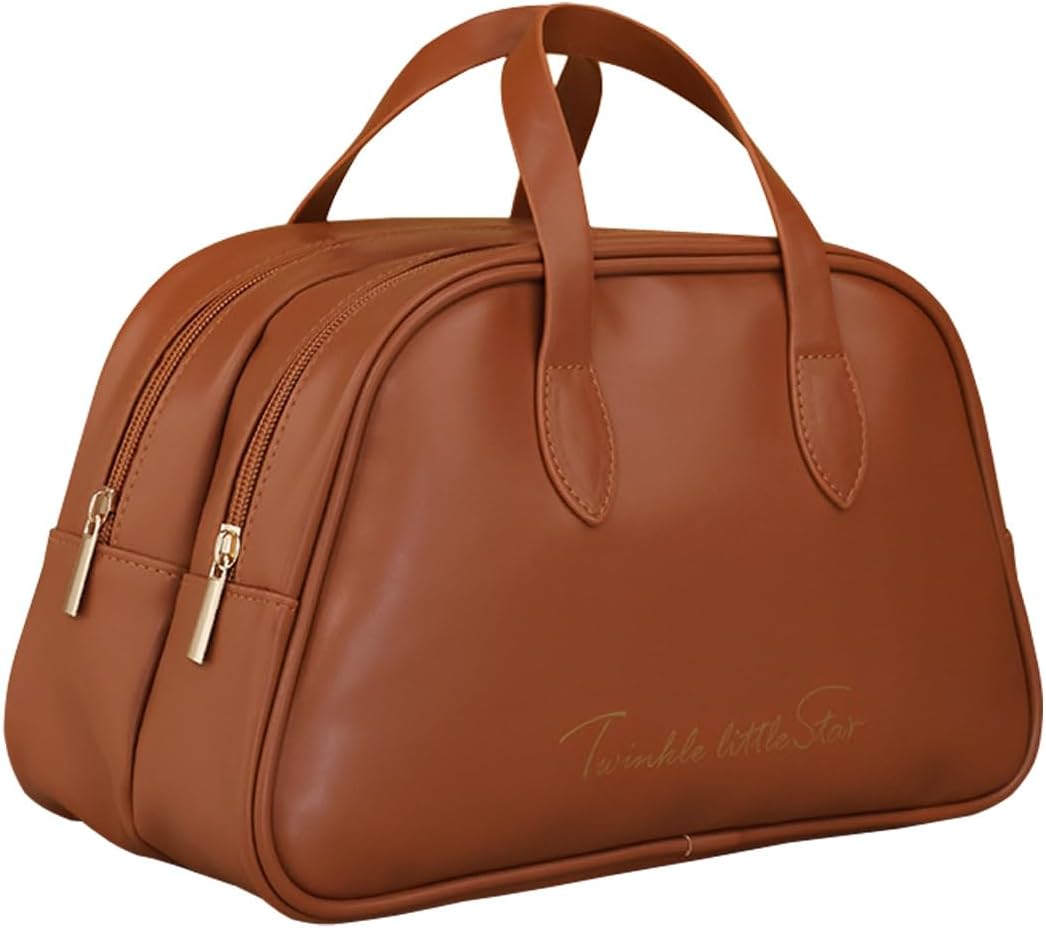 Borsa da viaggio in pelle marrone con doppia cerniera e manici, design elegante e spazioso, ideale per viaggi e uso quotidiano.
