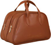 Borsa da viaggio in pelle marrone con doppia cerniera e manici, design elegante e spazioso, ideale per viaggi e uso quotidiano.