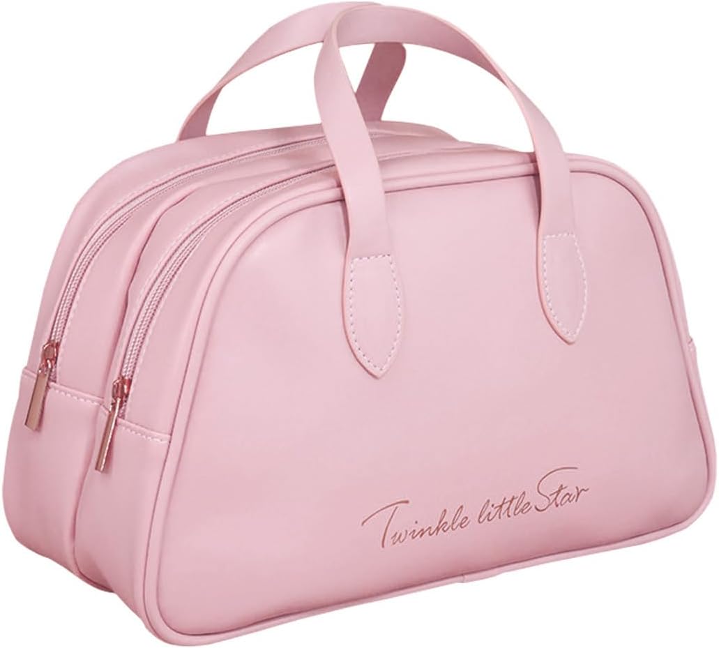 Borsa da viaggio rosa in ecopelle con doppia cerniera e manici, design elegante, scritta "Twinkle little Star", ideale per donna.
