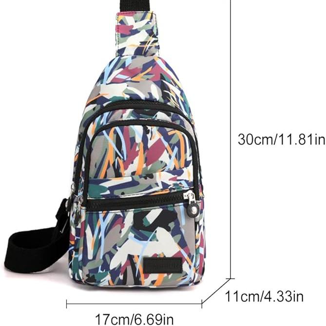 Zaino monospalla multicolore con motivo astratto, dimensioni 30x17x11 cm, ideale per viaggi e uso quotidiano. Tasche multiple con cerniera.