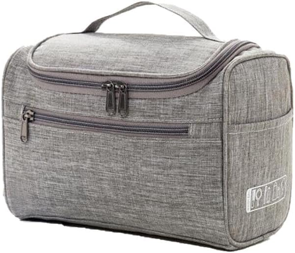 Borsa da toilette grigia con manico, tasca frontale con zip, design compatto. Ideale per viaggi, organizzazione accessori bagno.