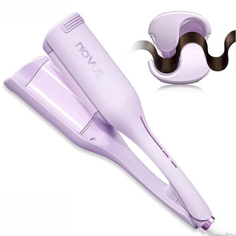 Piastra per capelli viola Novus, design ergonomico, tecnologia avanzata per lisciare e arricciare, ideale per styling professionale e domestico.