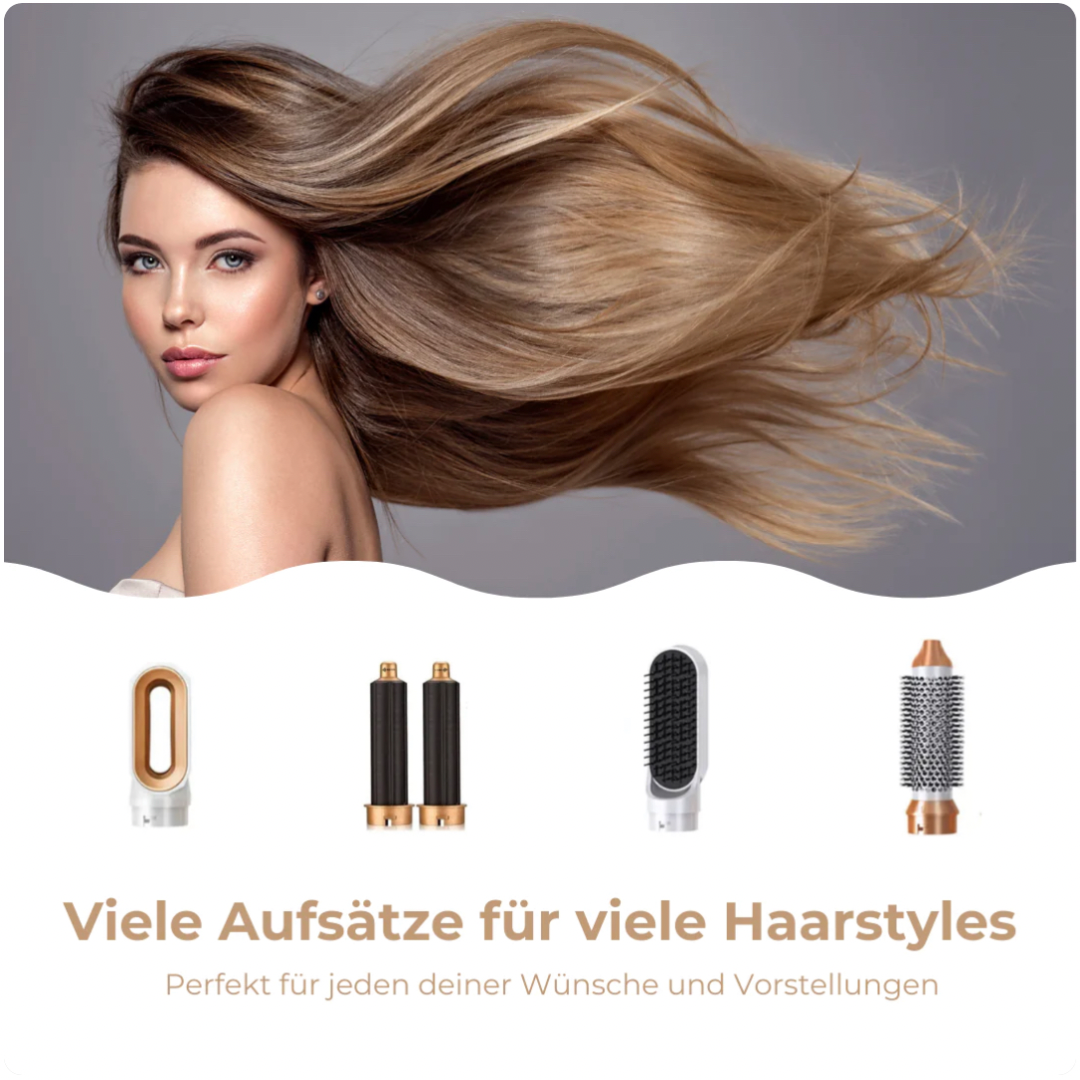 Donna con capelli fluenti, asciugacapelli multifunzione, accessori styling inclusi, design moderno, ideale per acconciature versatili e professionali.