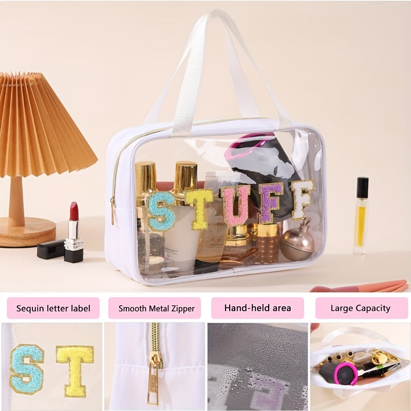 Borsa trasparente da viaggio con scritta "STUFF", cerniera in metallo, ampia capacità, manico resistente, ideale per cosmetici e accessori.