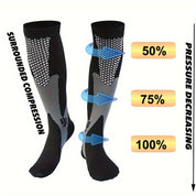 Calze a compressione nera con design a rete, livelli di compressione 50%, 75%, 100%. Ideali per sport, migliorano circolazione e recupero muscolare.