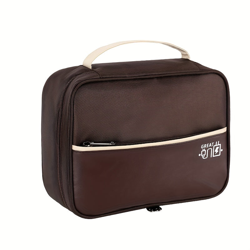 Borsa termica marrone con manico beige, tasca frontale con zip, ideale per pranzo al sacco, picnic, viaggi. Design compatto e funzionale.