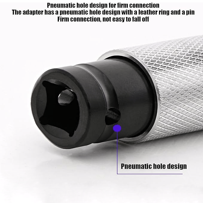 Adattatore pneumatico in metallo con design a foro per connessione sicura, anello in pelle e perno. Connessione stabile, ideale per utensili pneumatici.