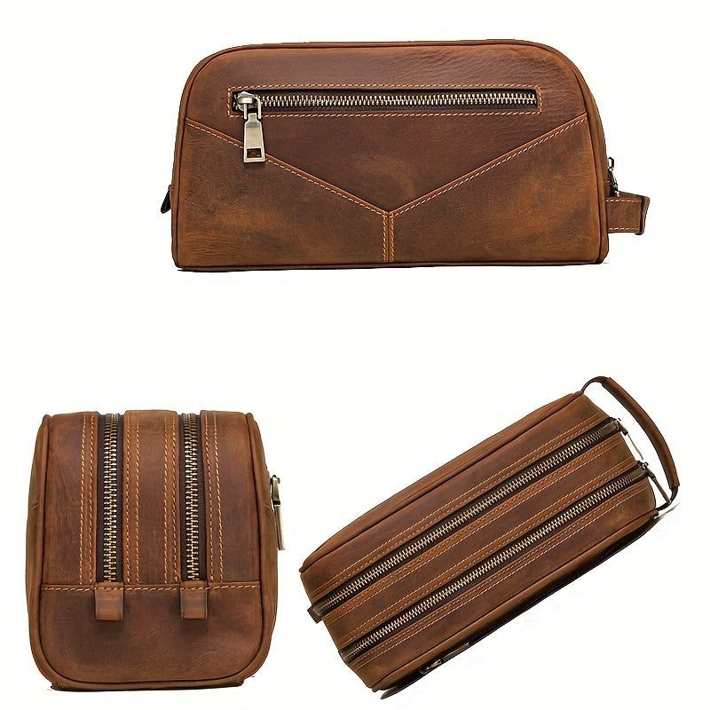 Borsa da toilette in pelle marrone con cerniere, design elegante e resistente. Ideale per viaggi, accessori uomo, organizer da bagno.
