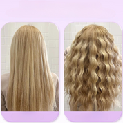 Capelli biondi lisci e mossi a confronto, prima e dopo l'uso di un ferro arricciacapelli. Trasformazione styling capelli, effetto ondulato naturale.