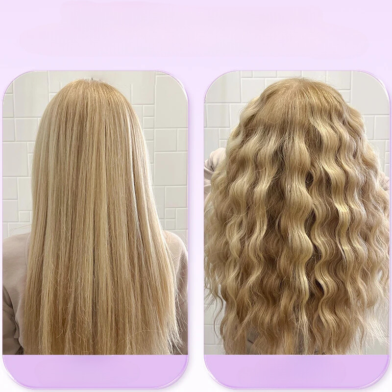 Capelli biondi lisci e mossi a confronto, prima e dopo l'uso di un ferro arricciacapelli. Trasformazione styling capelli, effetto ondulato naturale.