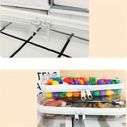 Borsa organizer trasparente con cerniera bianca, contenente giocattoli colorati. Ideale per archiviazione e viaggio. Design pratico e versatile.
