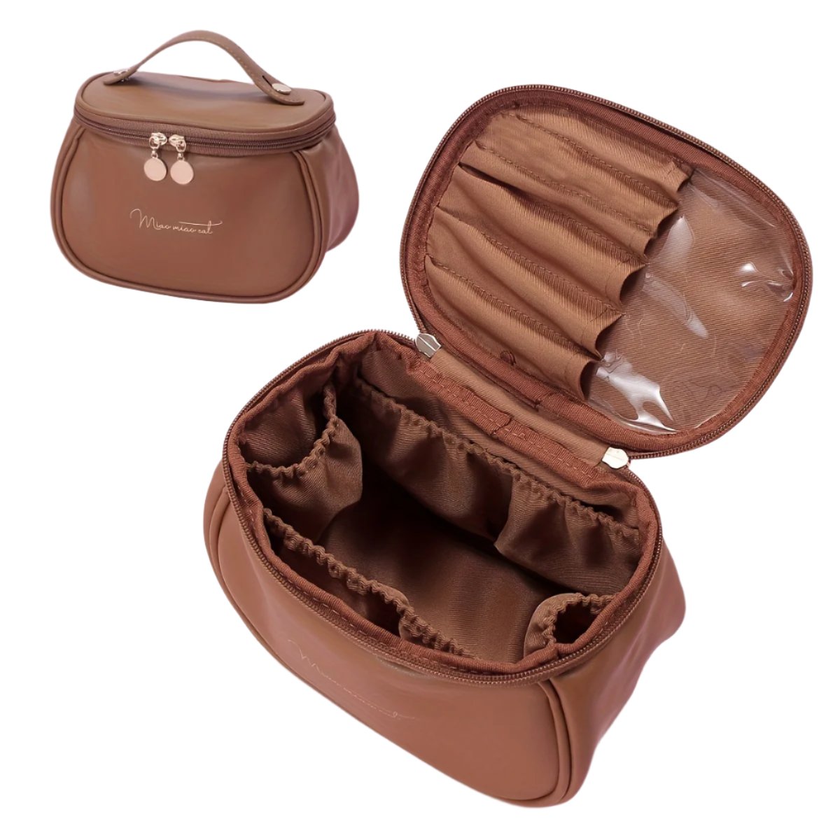 Borsa cosmetica marrone in pelle sintetica con scomparti interni, cerniera dorata e manico superiore. Ideale per trucco e accessori da viaggio.