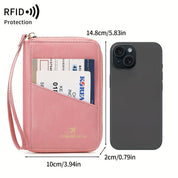 Portafoglio da viaggio rosa con protezione RFID, tasche per carte, passaporto e biglietti. Dimensioni: 14,8x10x2 cm. Accessorio elegante e funzionale.