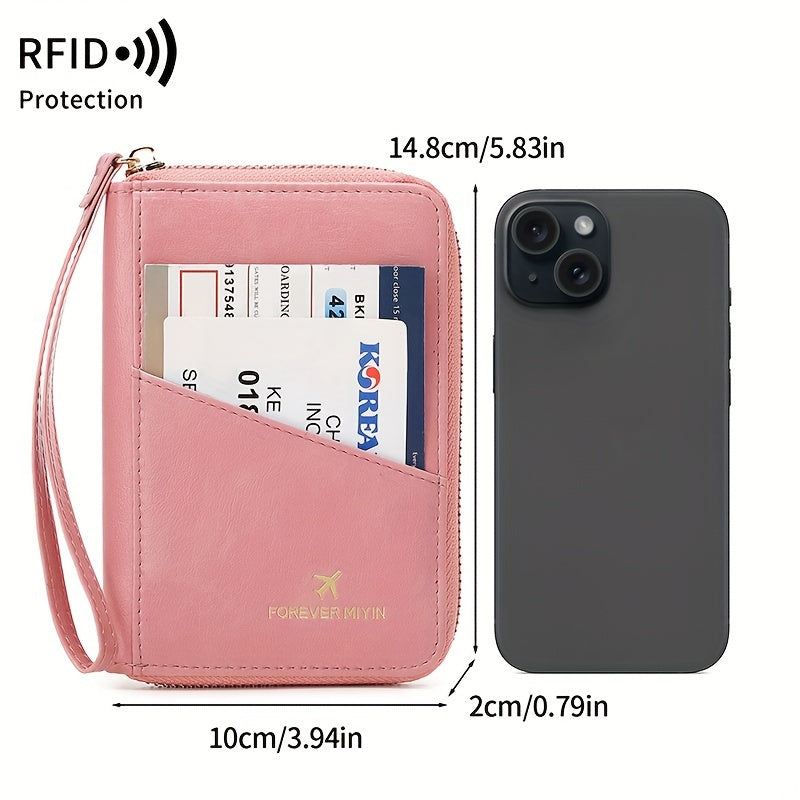 Portafoglio da viaggio rosa con protezione RFID, tasche per carte, passaporto e biglietti. Dimensioni: 14,8x10x2 cm. Accessorio elegante e funzionale.