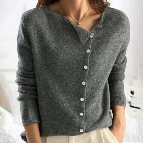 Maglione donna grigio con bottoni, scollo a V, maniche lunghe, stile casual elegante, perfetto per autunno e inverno.