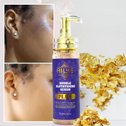 Siero schiarente AILKE Double Glutathione, flacone da 120 ml, con immagini prima e dopo l'uso, arricchito con estratti naturali e foglie d'oro.