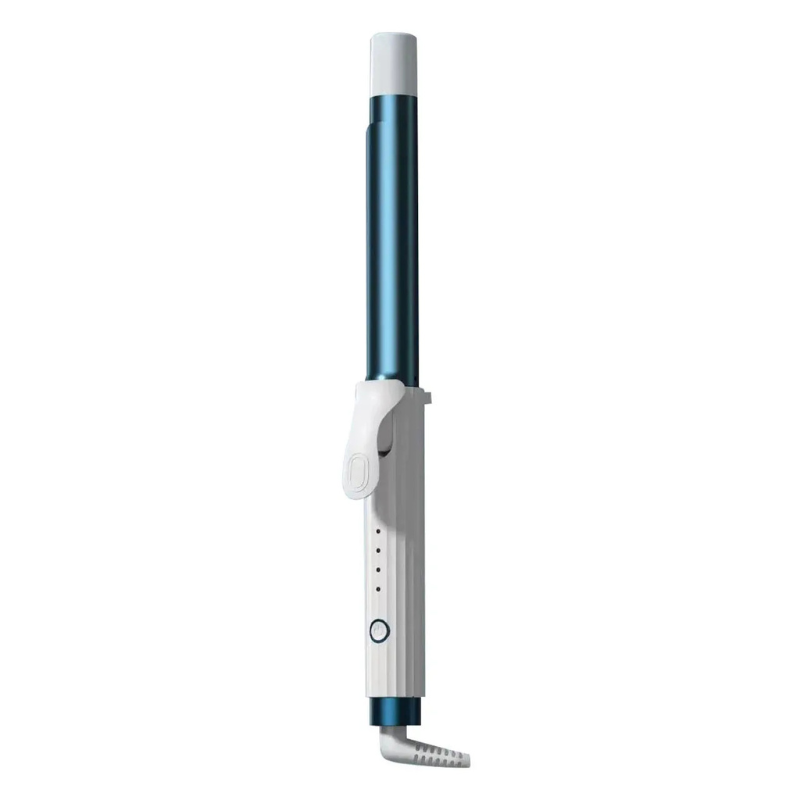 Ferro arricciacapelli professionale blu e bianco, design elegante, manico ergonomico, ideale per ricci definiti e styling capelli.