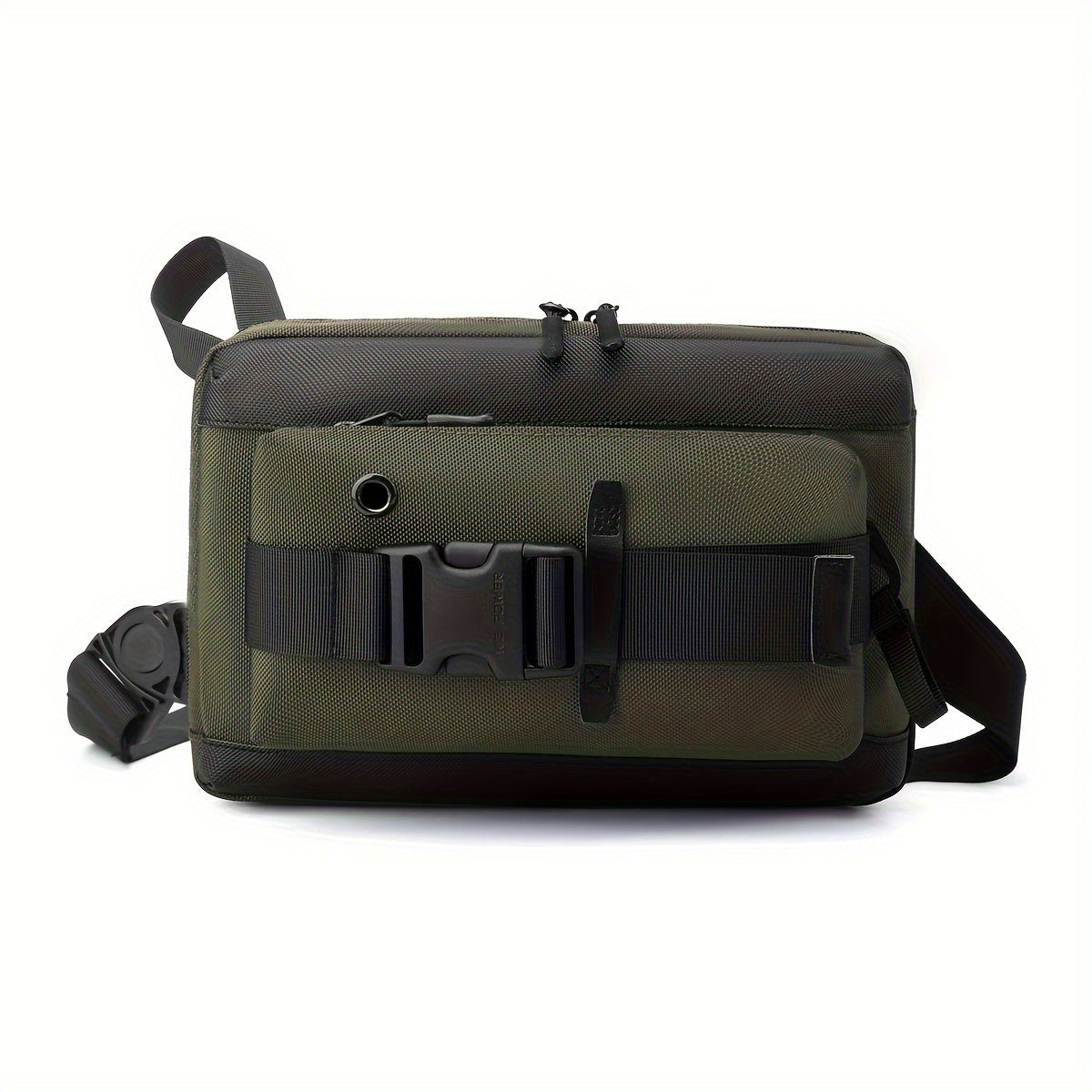 Borsa a tracolla verde militare con fibbia nera, tasche multiple e cinghia regolabile. Design moderno, ideale per viaggi e uso quotidiano.