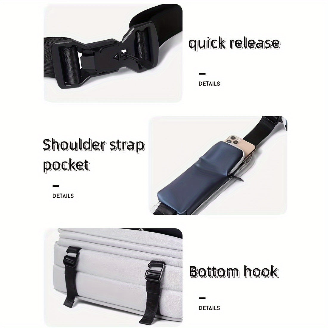 Cintura regolabile con fibbia a sgancio rapido, tasca per smartphone sulla tracolla e ganci inferiori. Accessorio versatile e pratico.