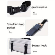 Cintura regolabile con fibbia a sgancio rapido, tasca per smartphone sulla tracolla e ganci inferiori. Accessorio versatile e pratico.