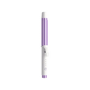 Ferro arricciacapelli viola e bianco, design elegante, manico ergonomico, tecnologia ceramica, styling capelli, strumento bellezza professionale.