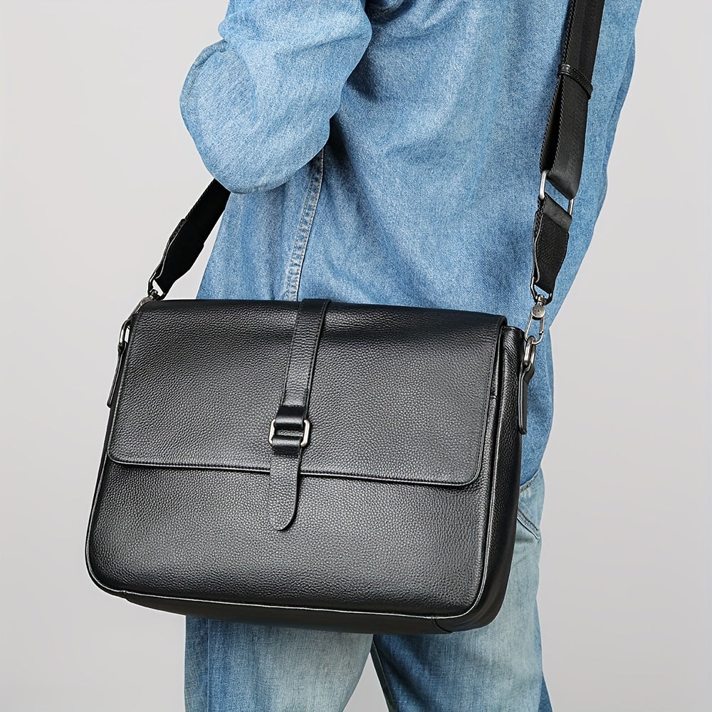 Borsa a tracolla in pelle nera, indossata su camicia di jeans. Design elegante, ideale per lavoro e viaggio. Accessorio moda uomo.