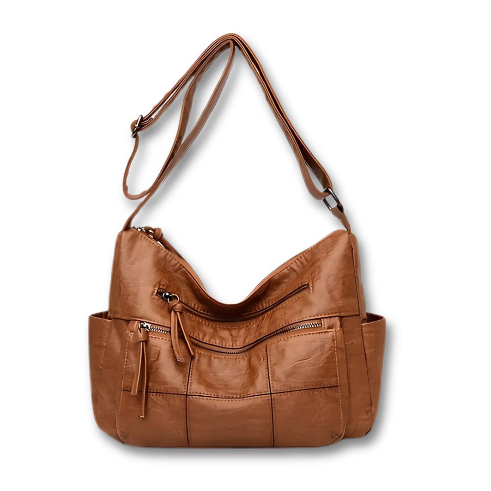 Borsa a tracolla in pelle marrone con tasche multiple e cerniere, design elegante e pratico, ideale per moda donna e accessori quotidiani.