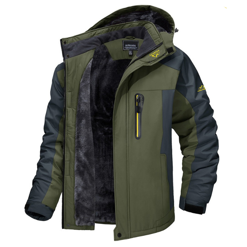 Giacca invernale da uomo verde e grigia con cappuccio, interno in pelliccia sintetica, tasca con zip, ideale per escursioni e sport all'aperto.
