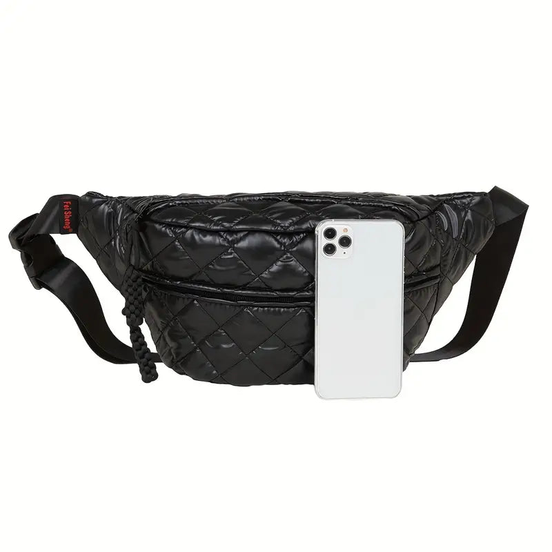 Marsupio nero trapuntato con smartphone bianco, design elegante e moderno, ideale per moda urbana e praticità quotidiana. Accessorio unisex.