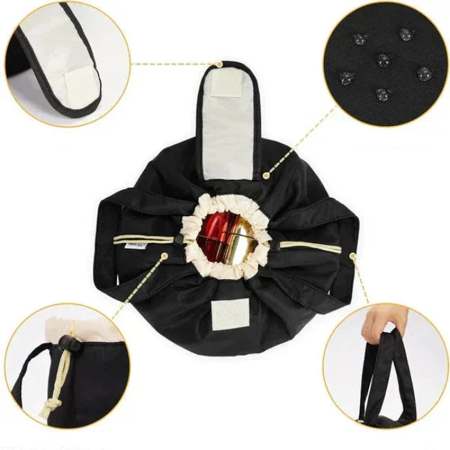 Borsa organizer cosmetici nera, pieghevole, con chiusura a strappo, tasche interne, resistente all'acqua, ideale per viaggio e trucco.