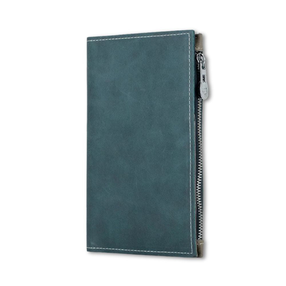 Portafoglio in pelle blu con cerniera laterale, design elegante e moderno, ideale per uomo e donna. Accessorio moda di alta qualità.