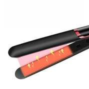 Piastra per capelli nera con tecnologia a infrarossi, design elegante, riscaldamento rapido, ideale per styling professionale e liscio perfetto.