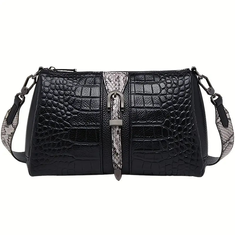 Borsa a tracolla in pelle nera effetto coccodrillo, dettagli in pelle di serpente, chiusura a fibbia, design elegante e moderno, accessorio moda donna.