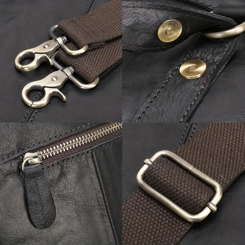 Cinghia borsa in pelle nera con dettagli metallici: moschettoni, fibbia regolabile, cerniera robusta. Accessori moda, alta qualità.