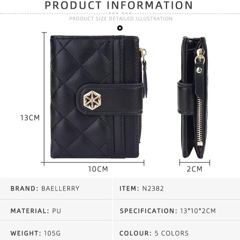 Portafoglio nero in pelle PU Baellerry, design trapuntato, chiusura con cerniera, dimensioni 13x10x2 cm, elegante e compatto, ideale per donna.