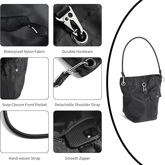 Borsa a tracolla nera in nylon impermeabile con hardware resistente, tasca frontale con chiusura a scatto, tracolla staccabile e cerniera liscia.