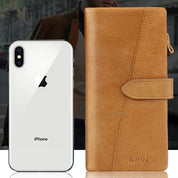 Custodia in pelle marrone per smartphone, design elegante e funzionale, compatibile con iPhone, chiusura a bottone, ideale per protezione e stile.