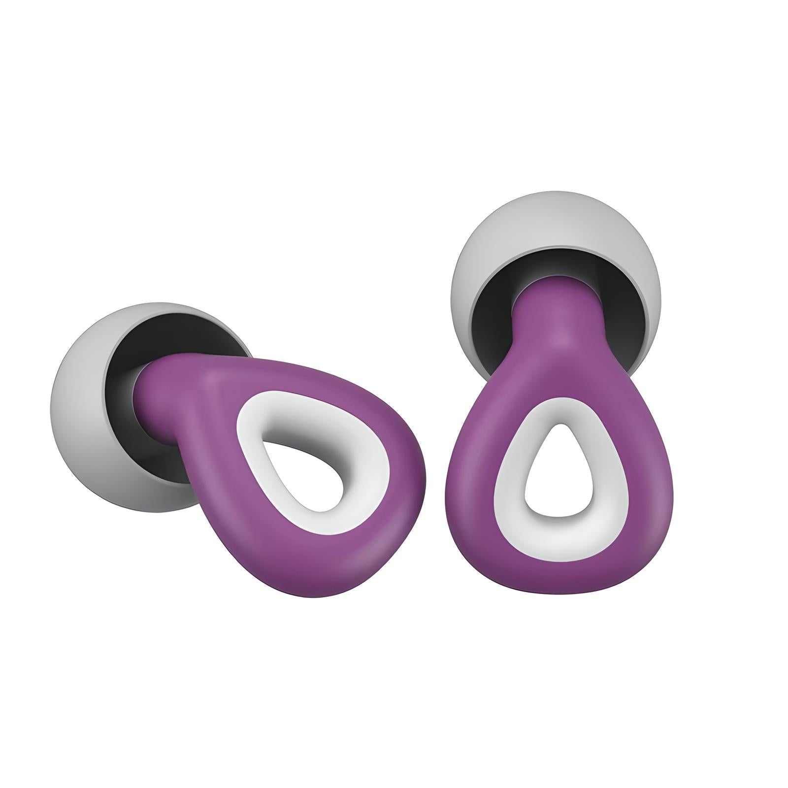 Cuffie in-ear wireless viola e bianche, design ergonomico, isolamento acustico, compatibili con smartphone e dispositivi Bluetooth.