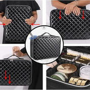 Custodia organizer cosmetici nera trapuntata, multifunzione, con scomparti interni per trucchi e accessori, portatile, elegante e spaziosa.