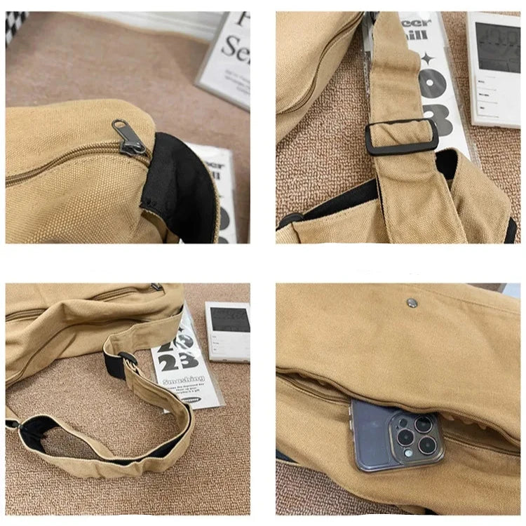 Borsa a tracolla in tela beige con cerniera, tasche multiple e scomparto per smartphone. Design casual, ideale per viaggi e uso quotidiano.