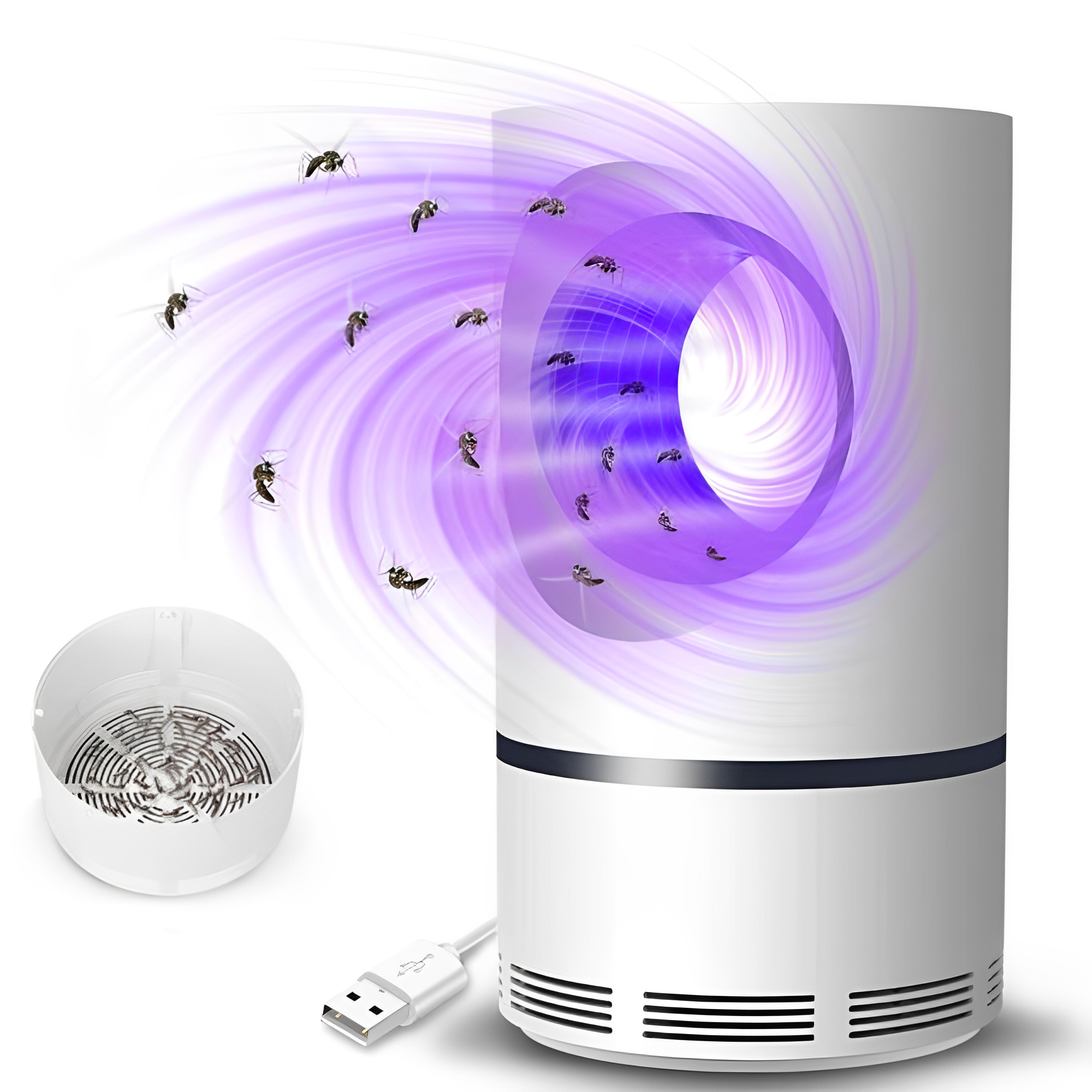 Trappola per zanzare elettrica USB, design cilindrico bianco, luce UV attira insetti, ventola aspirante, efficace per interni.