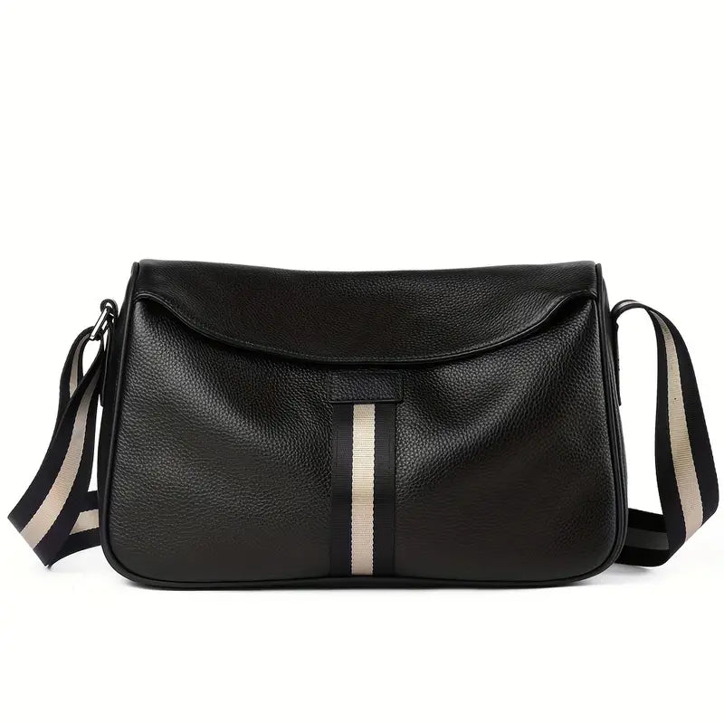 Borsa a tracolla in pelle nera con strisce decorative, design elegante e moderno, ideale per uomo e donna. Accessorio moda versatile e di tendenza.