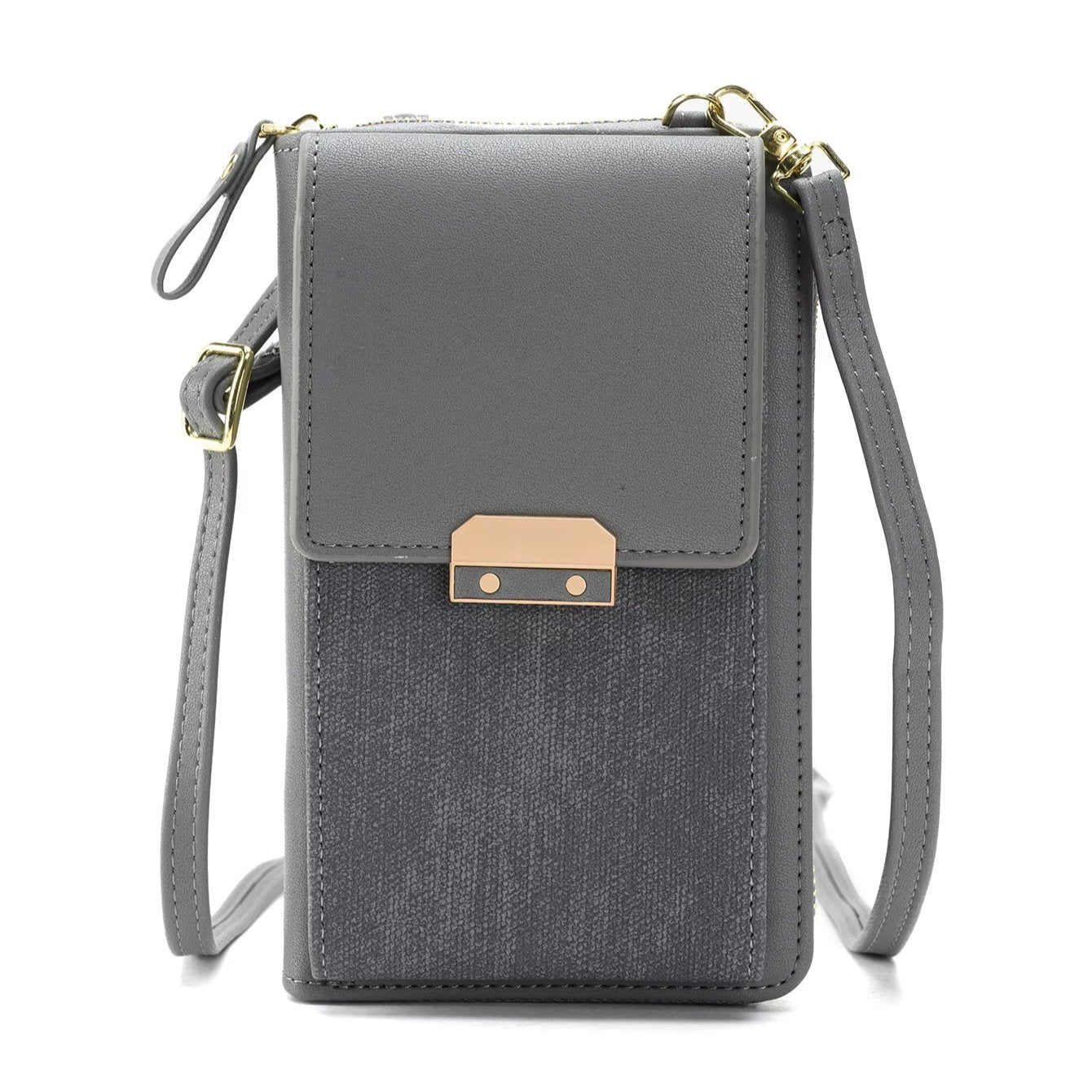 Borsa a tracolla grigia in pelle sintetica, design compatto con chiusura a scatto dorata, ideale per smartphone e accessori.