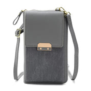 Borsa a tracolla grigia in pelle sintetica, design compatto con chiusura a scatto dorata, ideale per smartphone e accessori.